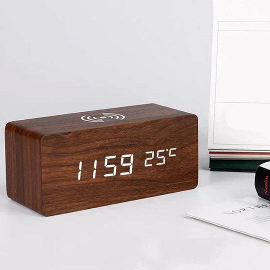 Wooden LED Alarm Clock with Wireless Charging — Calm Mornings